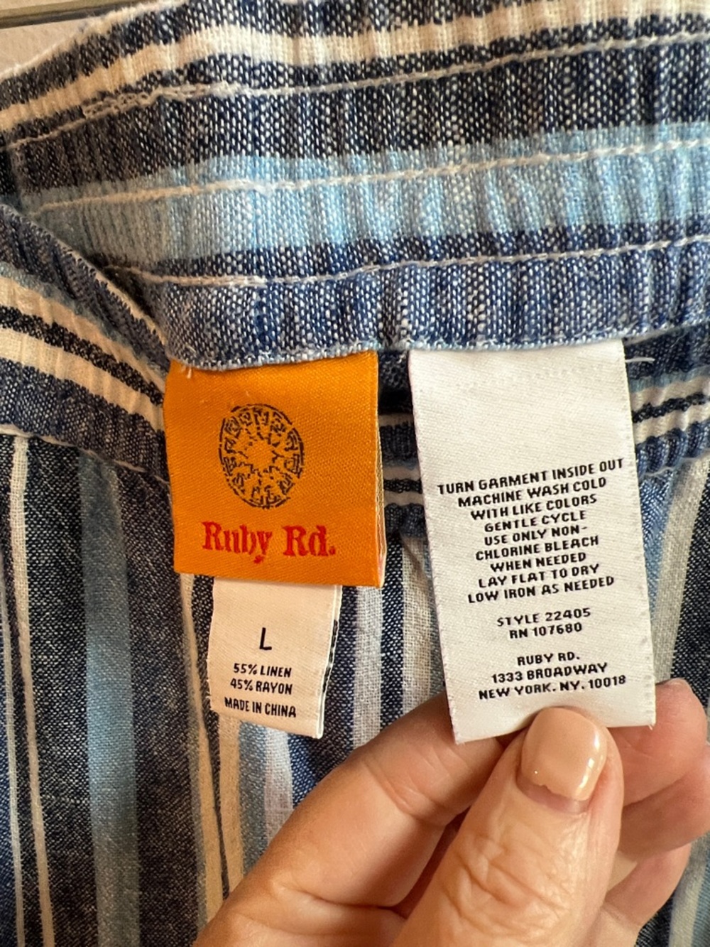Ruby Rd. Blue and White Striped Capris with Label Detail - Picture 2 of 4